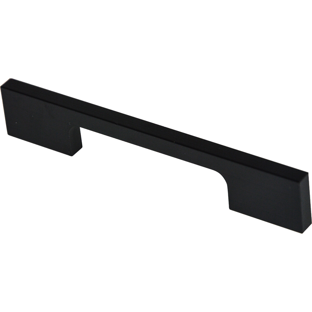 Set of five 96mm matte black kitchen cabinet handles with a square profile, designed for modern kitchen decor.