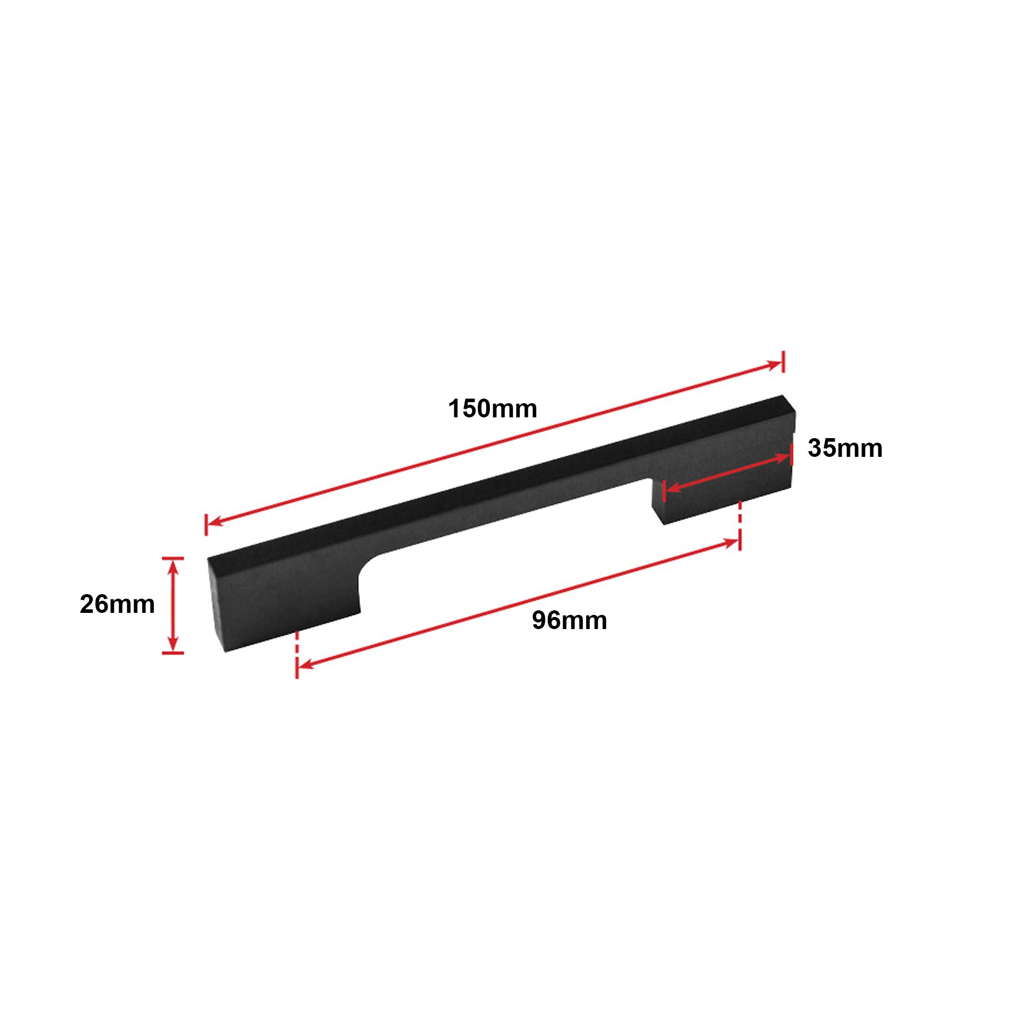 Set of five 96mm matte black kitchen cabinet handles with a square profile, designed for modern kitchen decor.