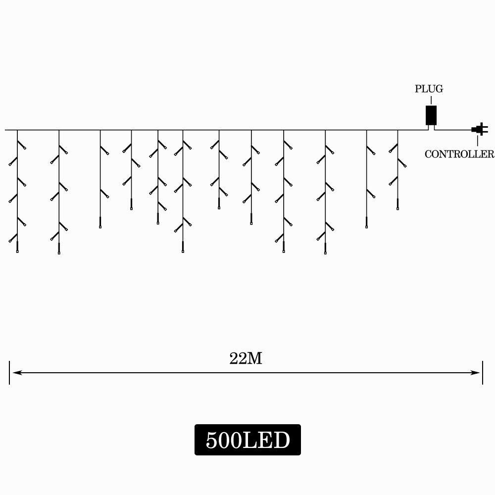 500 LED curtain fairy string lights in warm white, perfect for weddings and outdoor parties, showcasing a beautiful glowing display.