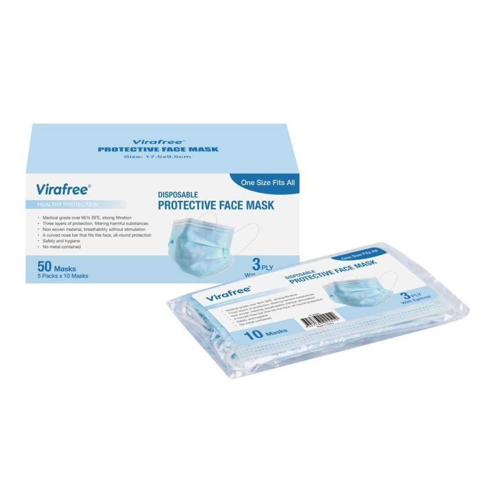 50 Pack of Virafree® 3 Ply Disposable Protective Face Masks, featuring a comfortable design with ear loops and a curved nose bar for secure fit.