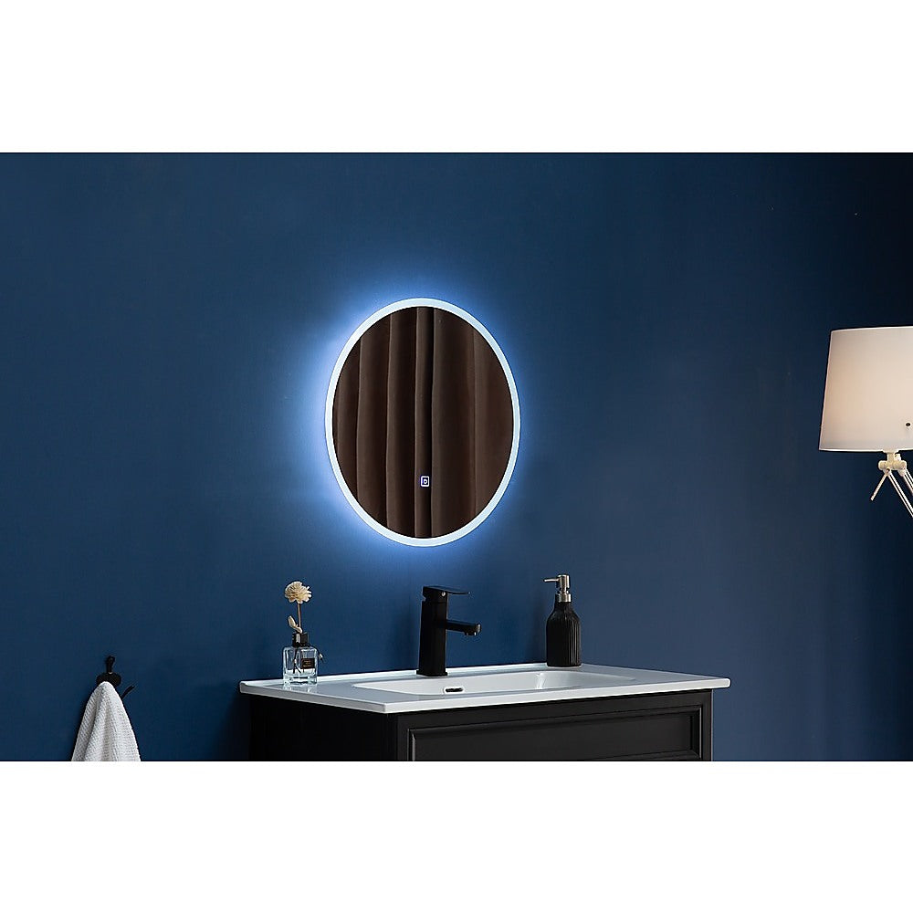 50cm round LED wall mirror with fog-resistant technology and adjustable lighting, perfect for bathroom decor.