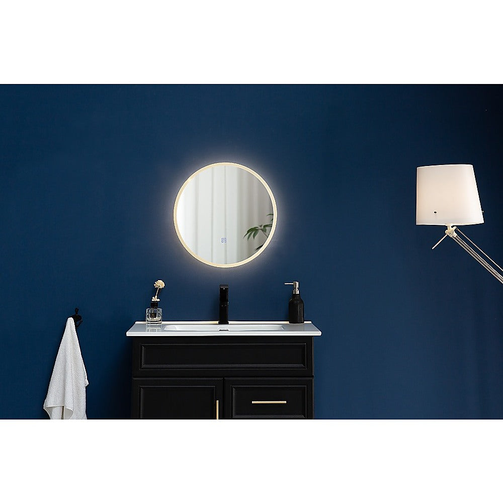 50cm round LED wall mirror with fog-resistant technology and adjustable lighting, perfect for bathroom decor.