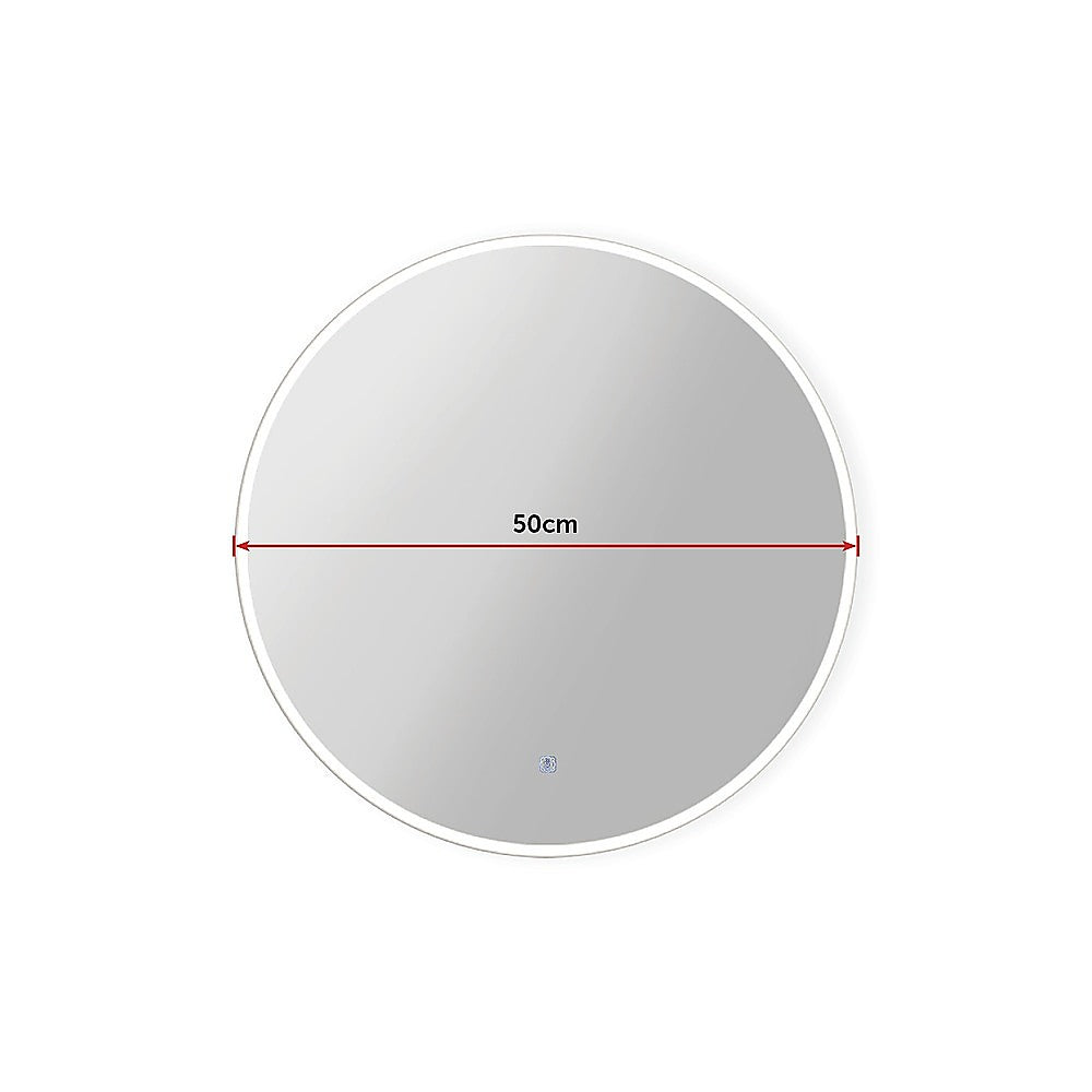 50cm round LED wall mirror with fog-resistant technology and adjustable lighting, perfect for bathroom decor.