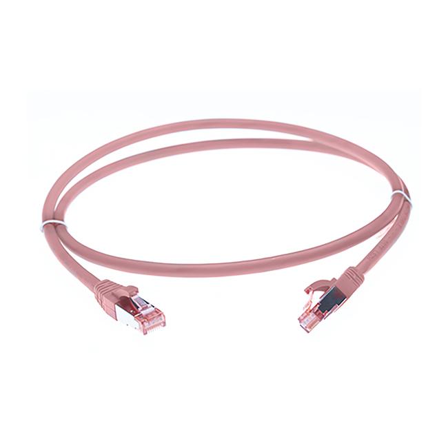 50m Cat 6A S/FTP LSZH Ethernet Network Cable in pink, showcasing its robust RJ45 connectors and LSZH jacket.