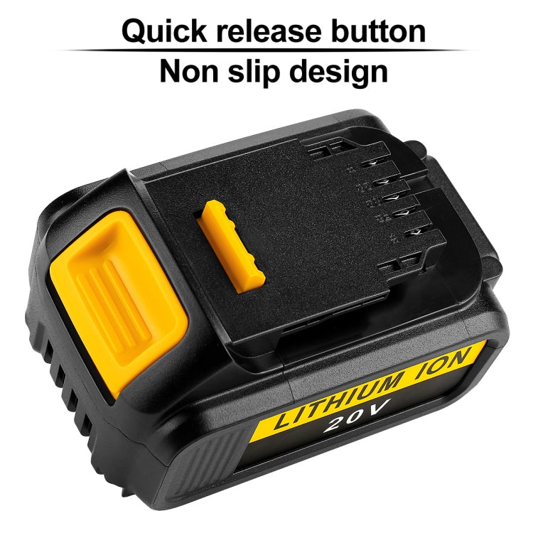 5000mAh lithium-ion battery for Dewalt DCB180, DCB181, and DCB200 tools, showcasing its robust design and charge indicator.