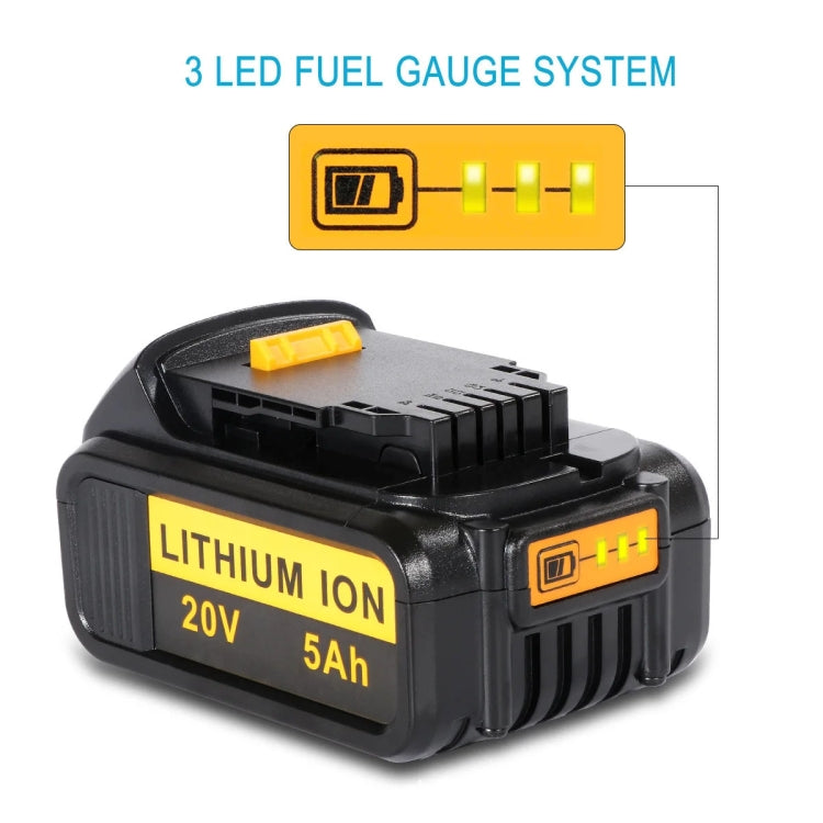 5000mAh lithium-ion battery for Dewalt DCB180, DCB181, and DCB200 tools, showcasing its robust design and charge indicator.