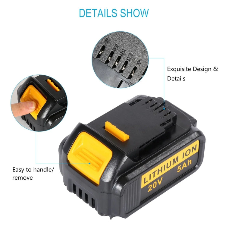 5000mAh lithium-ion battery for Dewalt DCB180, DCB181, and DCB200 tools, showcasing its robust design and charge indicator.