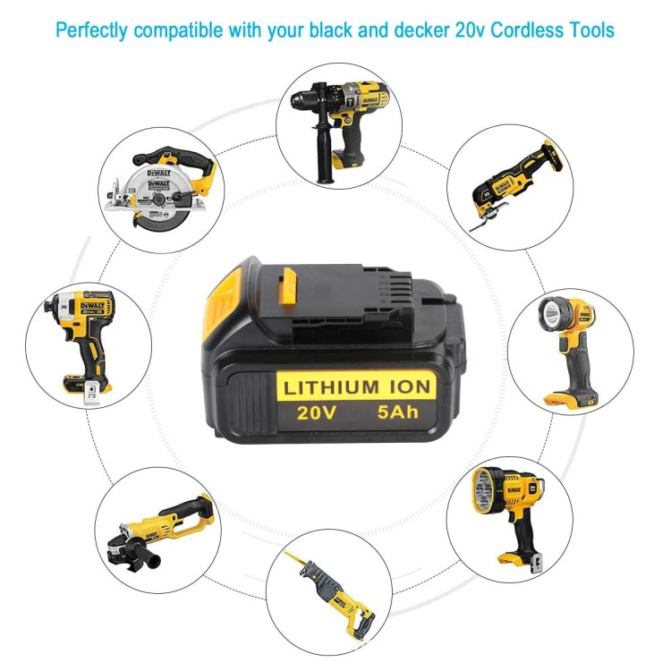 5000mAh lithium-ion battery for Dewalt DCB180, DCB181, and DCB200 tools, showcasing its robust design and charge indicator.