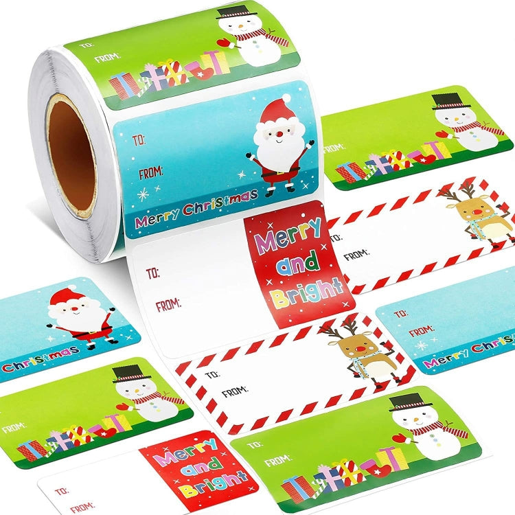 A roll of 500 Christmas self-adhesive labels featuring bright colors and festive designs, ideal for holiday gifts and decorations.