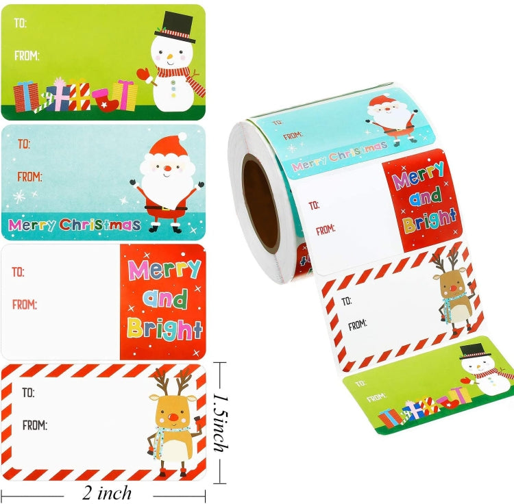 A roll of 500 Christmas self-adhesive labels featuring bright colors and festive designs, ideal for holiday gifts and decorations.