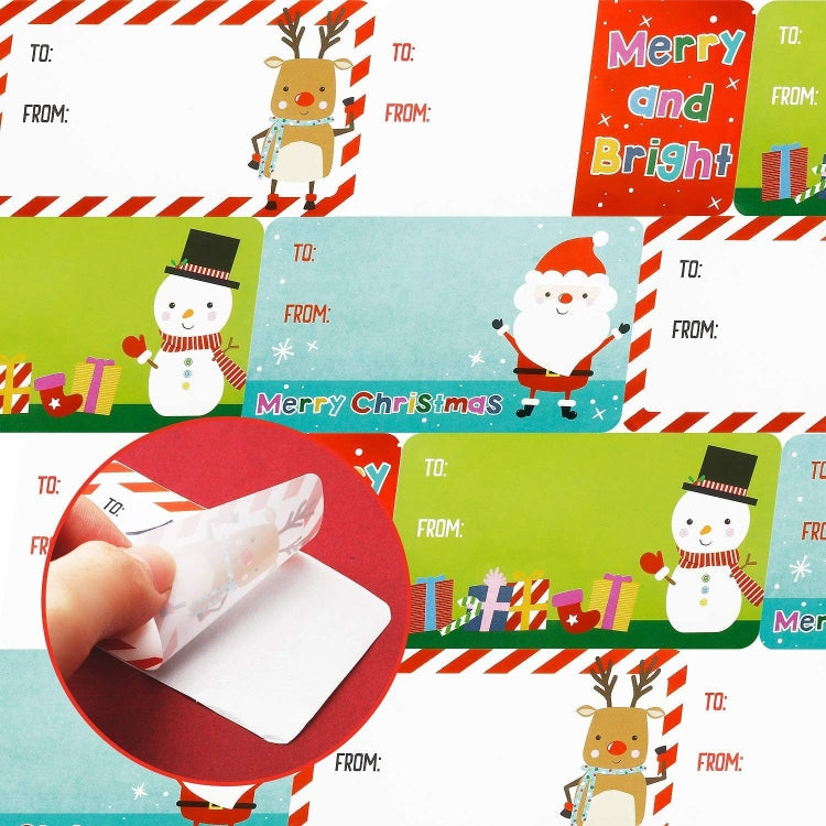 A roll of 500 Christmas self-adhesive labels featuring bright colors and festive designs, ideal for holiday gifts and decorations.