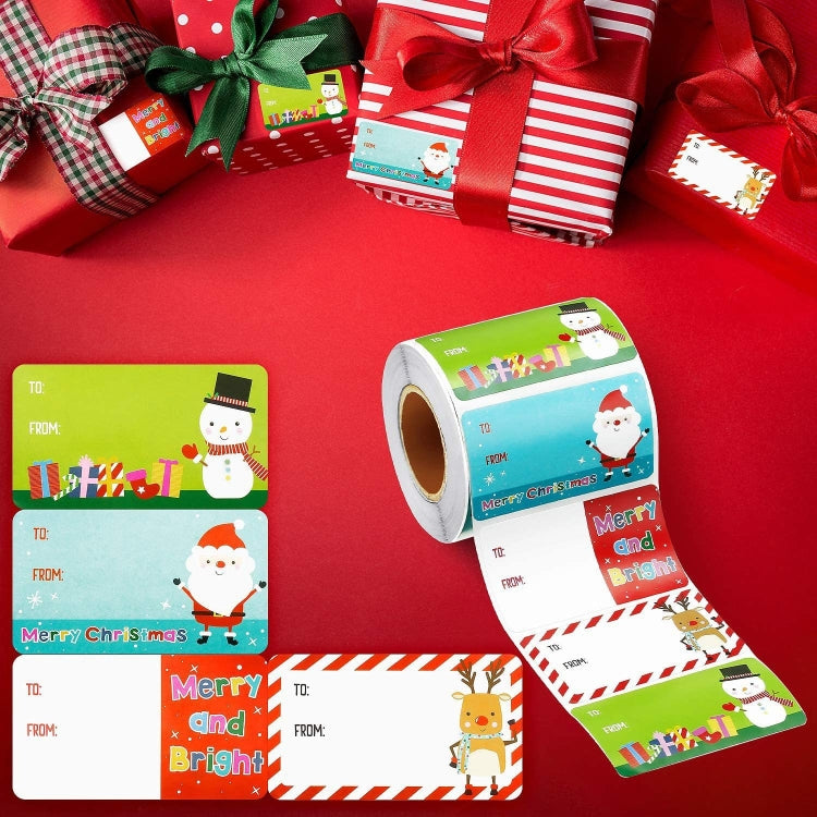 A roll of 500 Christmas self-adhesive labels featuring bright colors and festive designs, ideal for holiday gifts and decorations.