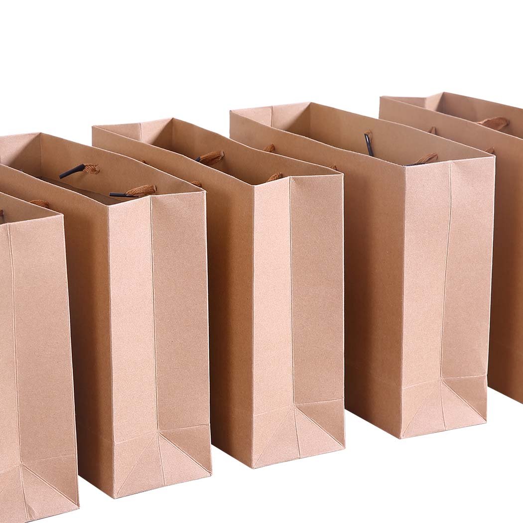 A stack of 50 brown kraft paper bags with twisted cotton handles, ideal for gifts and shopping.