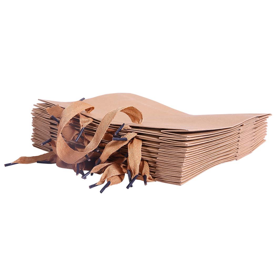 A stack of 50 brown kraft paper bags with twisted cotton handles, ideal for gifts and shopping.