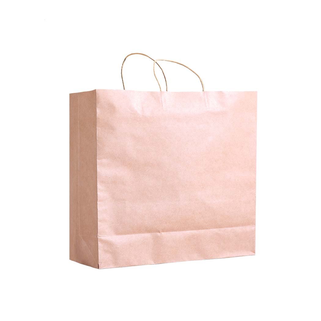 A stack of 50 eco-friendly brown paper bags with twisted hemp cord handles, showcasing their sturdy design and recyclable material.