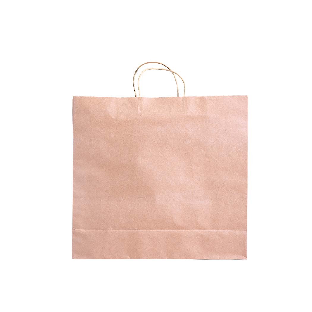 A stack of 50 eco-friendly brown paper bags with twisted hemp cord handles, showcasing their sturdy design and recyclable material.