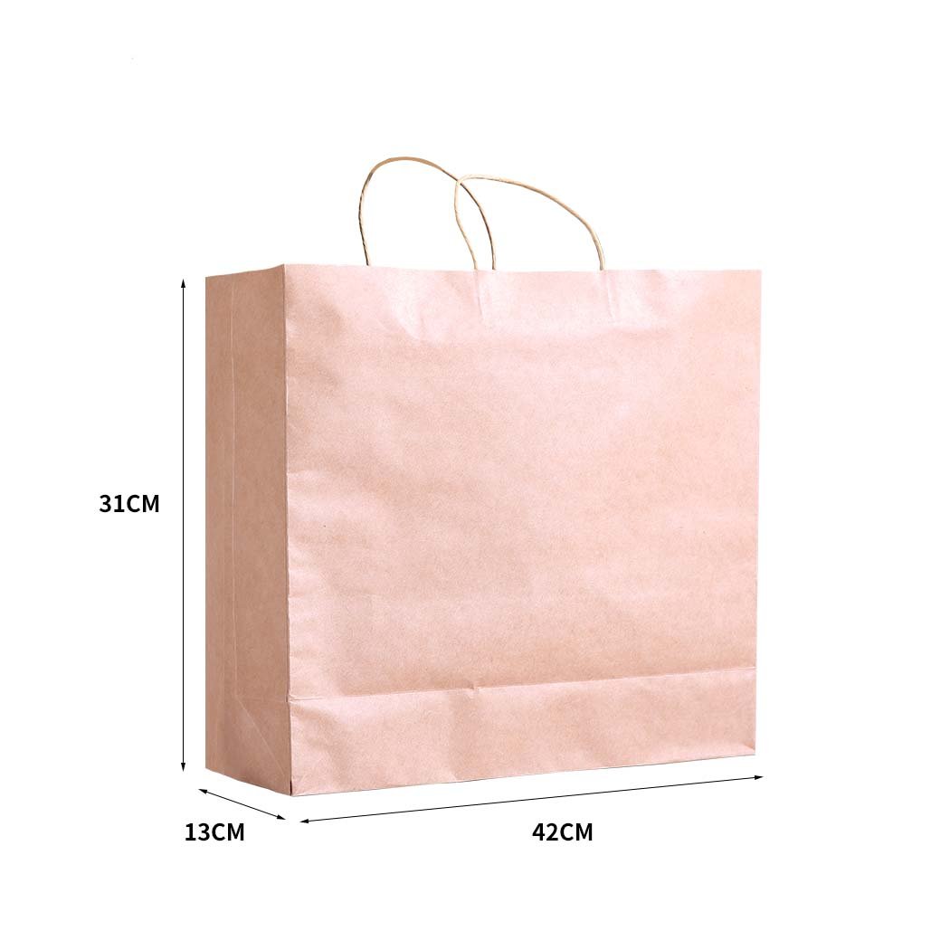 A stack of 50 eco-friendly brown paper bags with twisted hemp cord handles, showcasing their sturdy design and recyclable material.