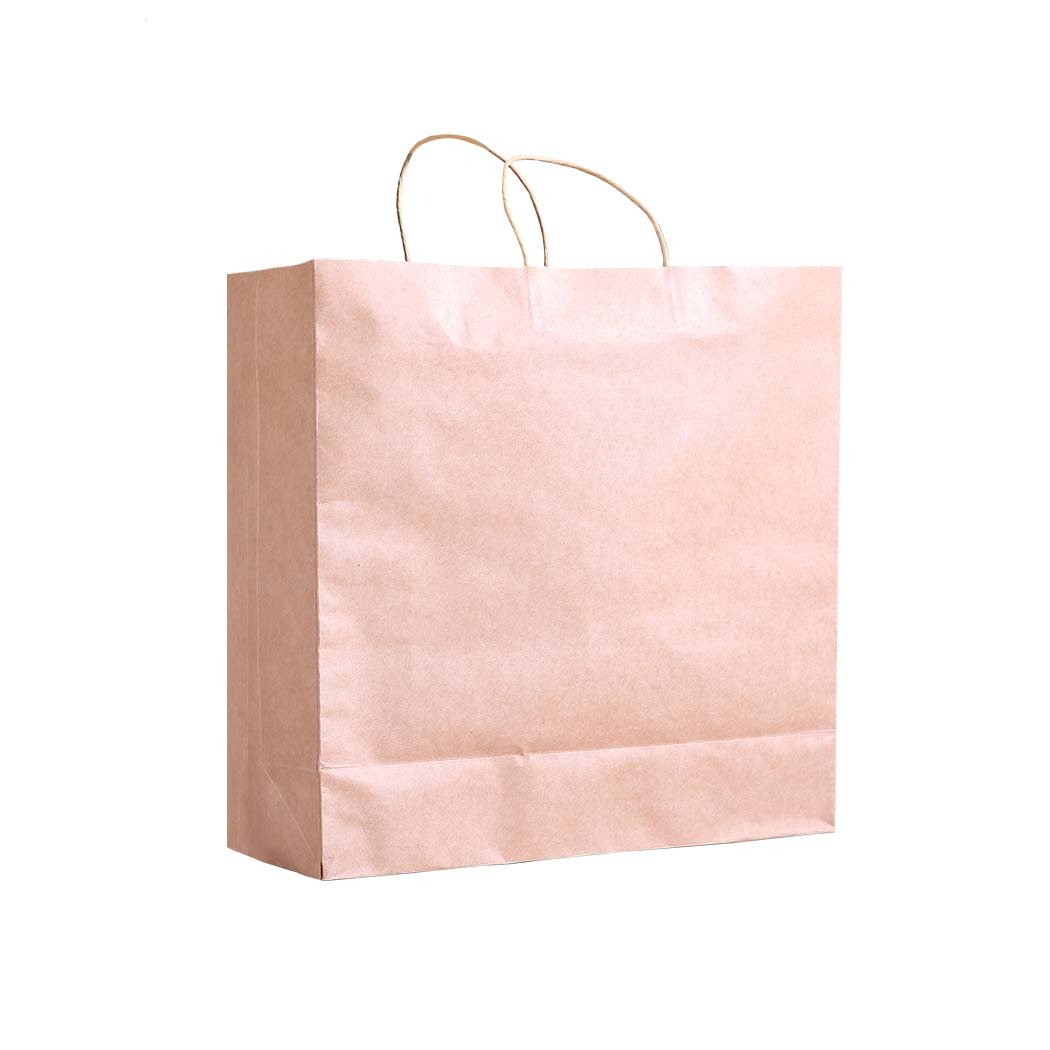 A stack of 50 brown kraft paper bags with twisted handles, ideal for gifts and retail shopping, showcasing their eco-friendly design.