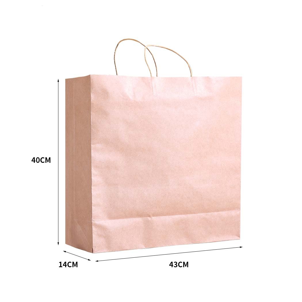 A stack of 50 brown kraft paper bags with twisted handles, ideal for gifts and retail shopping, showcasing their eco-friendly design.