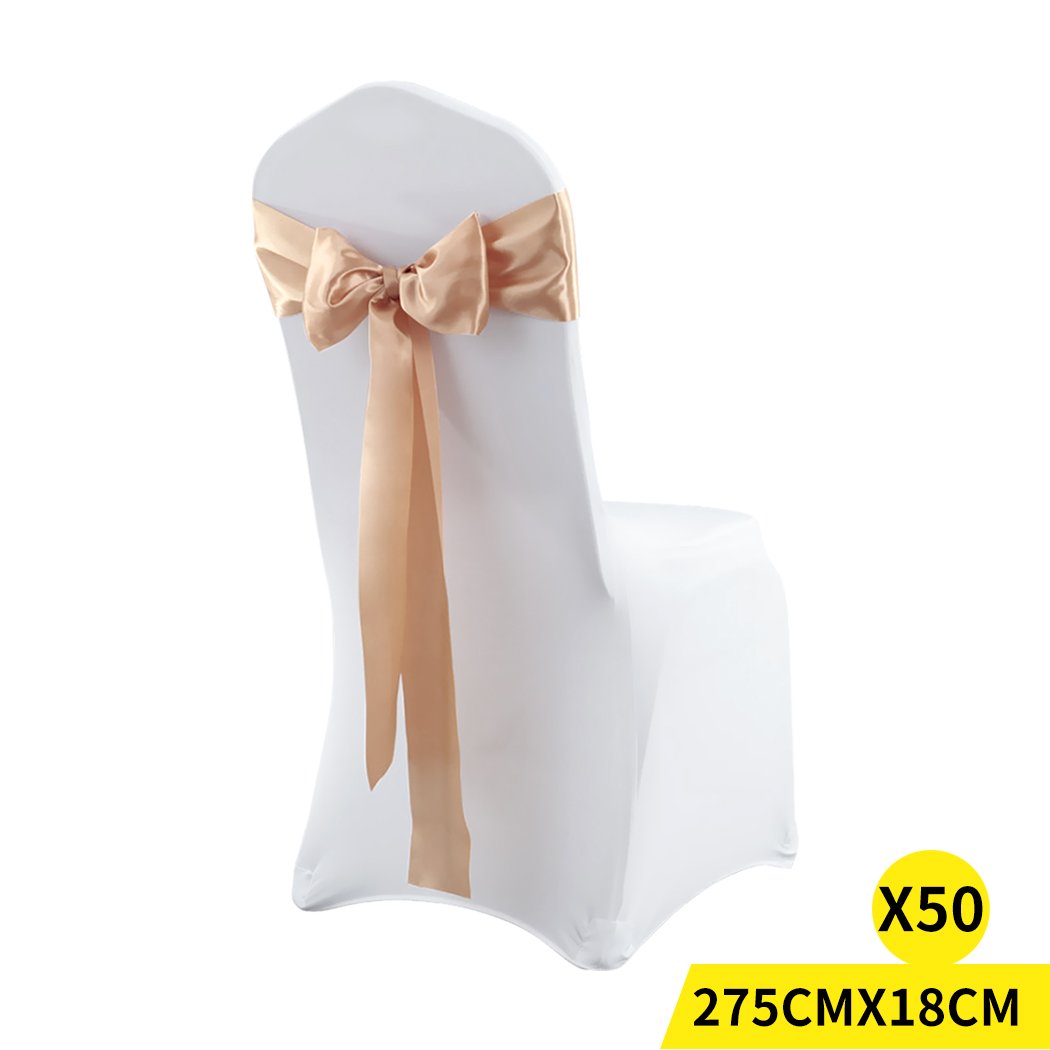 50 satin chair sashes in various colors elegantly draped over chairs for event decoration.