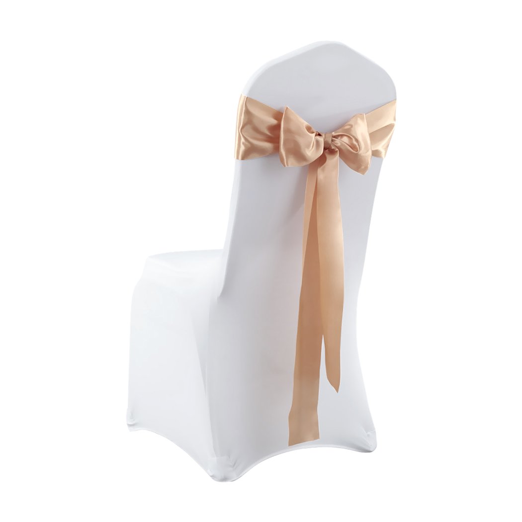 50 satin chair sashes in various colors elegantly draped over chairs for event decoration.