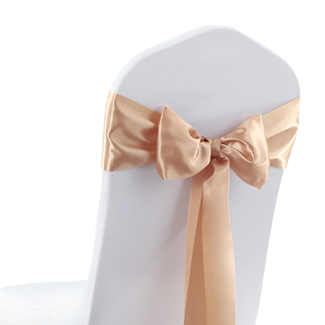 50 satin chair sashes in various colors elegantly draped over chairs for event decoration.