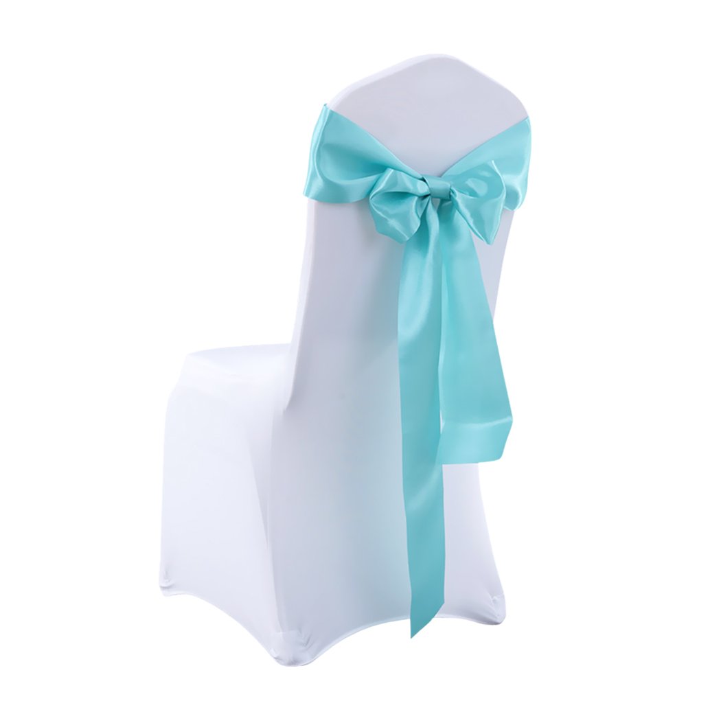 50 satin chair sashes in various colors, elegantly draped over chairs for event decoration.