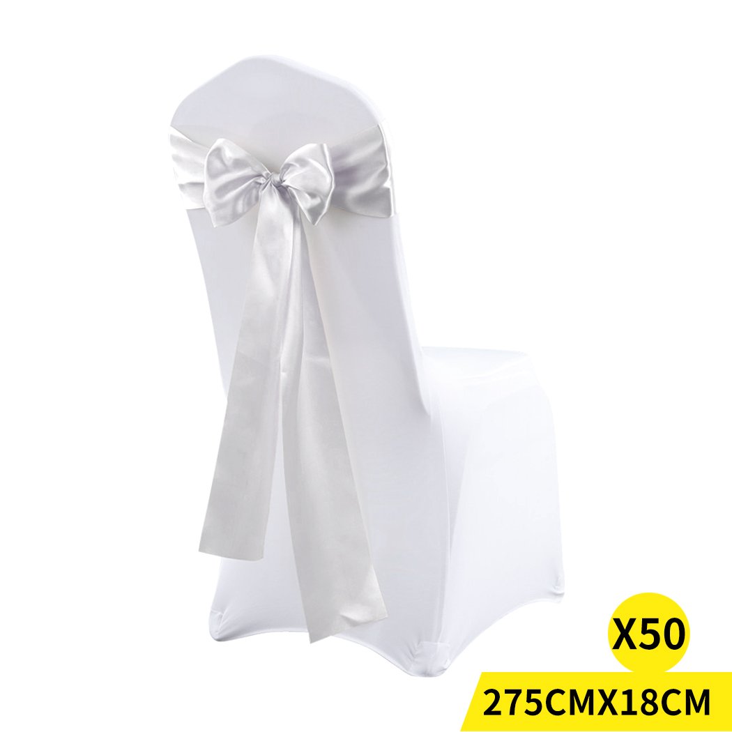 50 satin chair sashes in various colors elegantly draped over chairs, perfect for weddings and events.