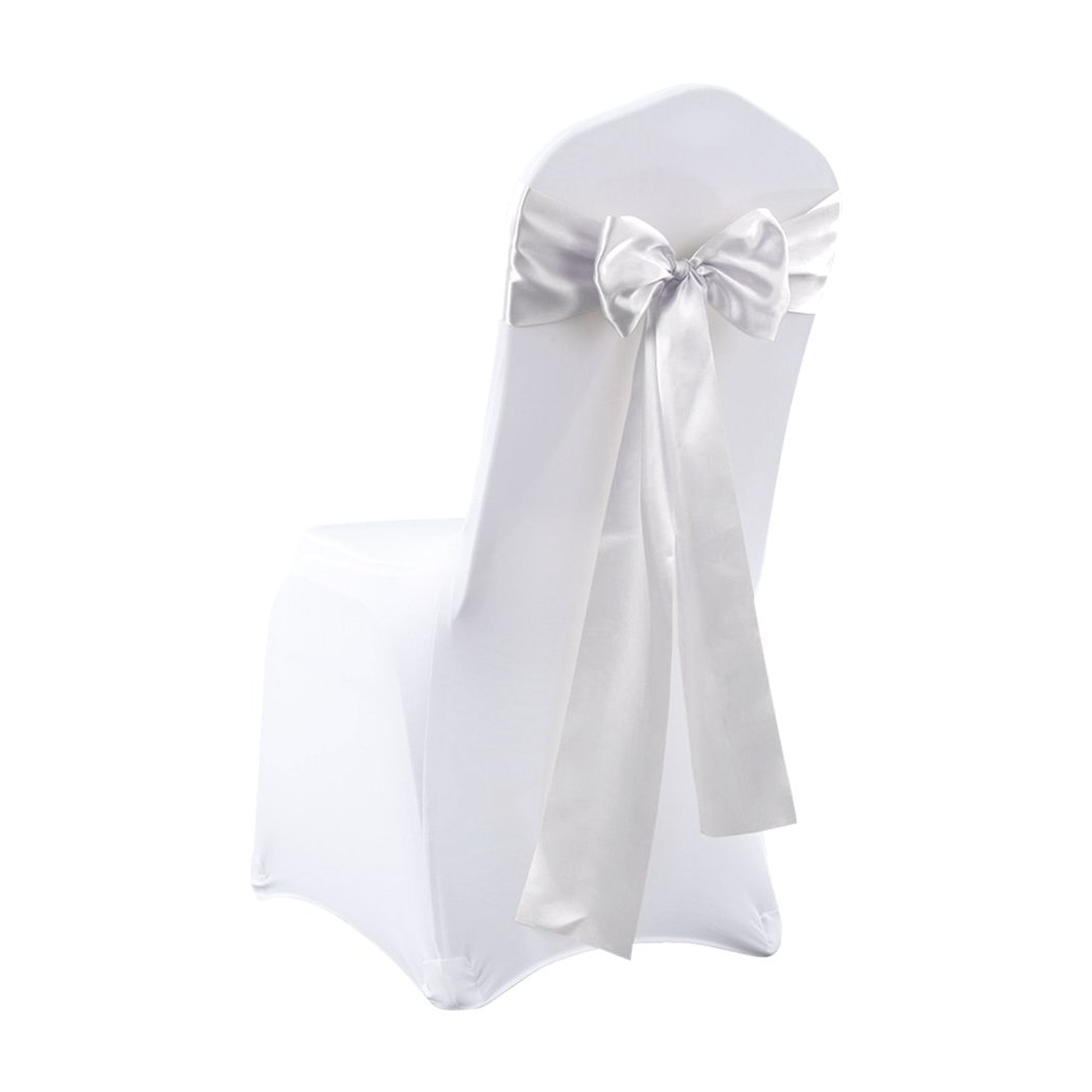 50 satin chair sashes in various colors elegantly draped over chairs, perfect for weddings and events.