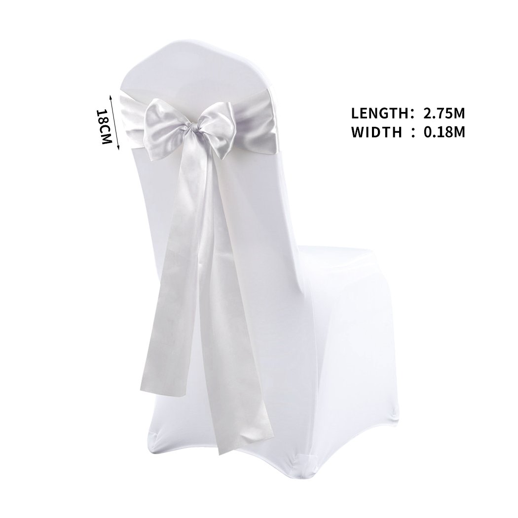 50 satin chair sashes in various colors elegantly draped over chairs, perfect for weddings and events.