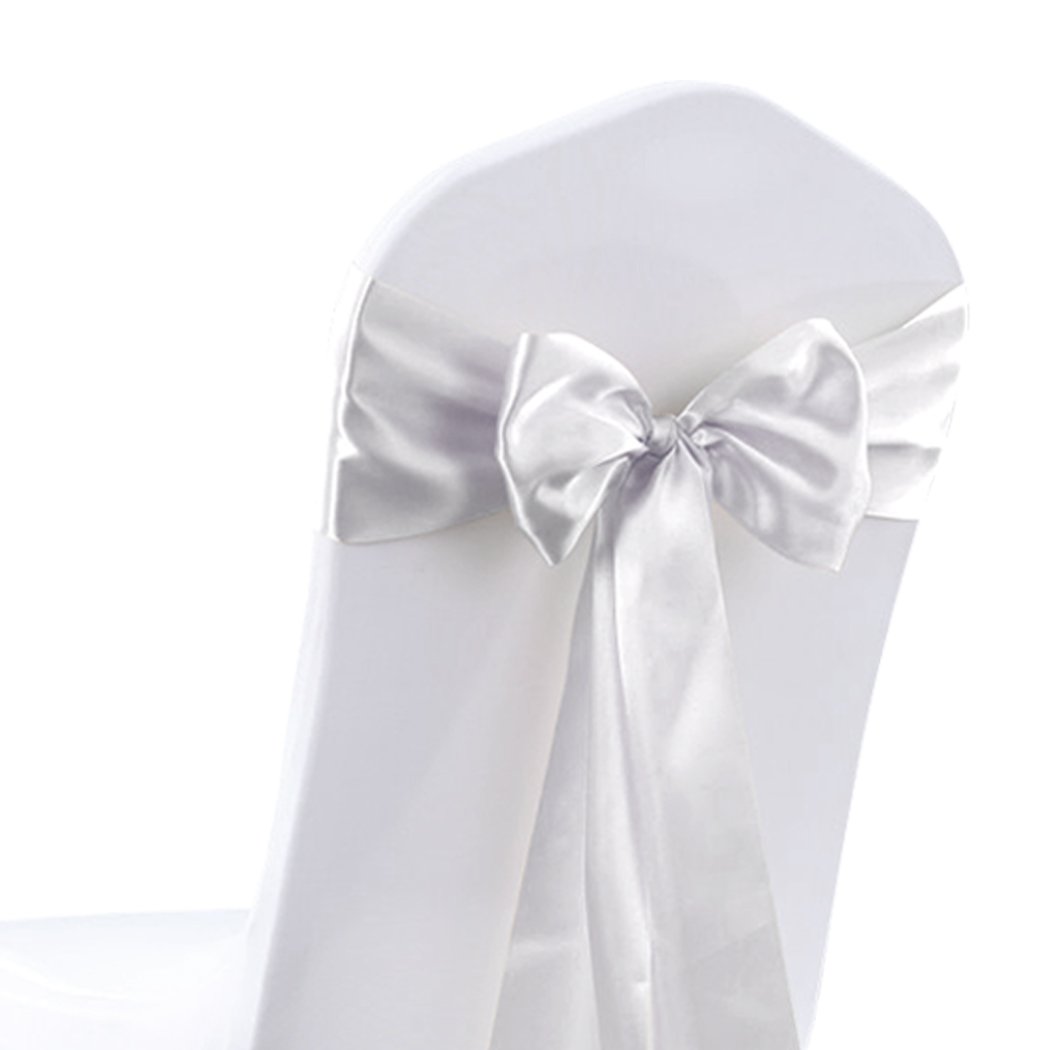 50 satin chair sashes in various colors elegantly draped over chairs, perfect for weddings and events.