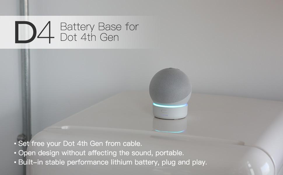 A 5200mAh rechargeable battery base designed for the Echo Dot 4th Gen, featuring a sleek design and built-in magnetic connection.