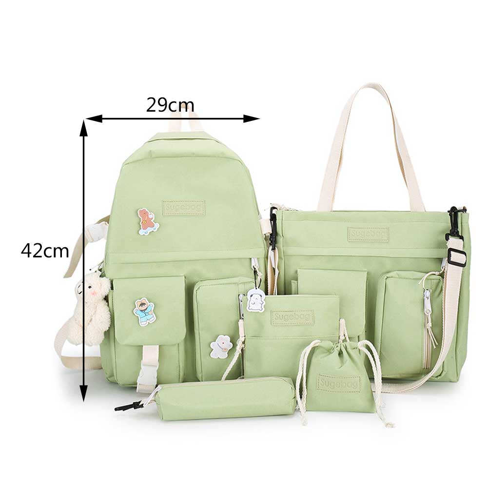 5pcs set Multiple Pockets School Backpack in pink, featuring multiple compartments and a stylish design, perfect for Japanese high school students.