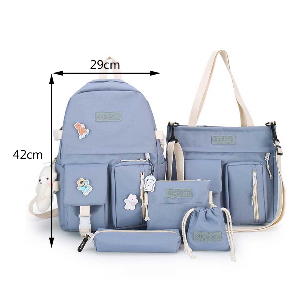 5pcs set Multiple Pockets School Backpack in pink, featuring multiple compartments and a stylish design, perfect for Japanese high school students.