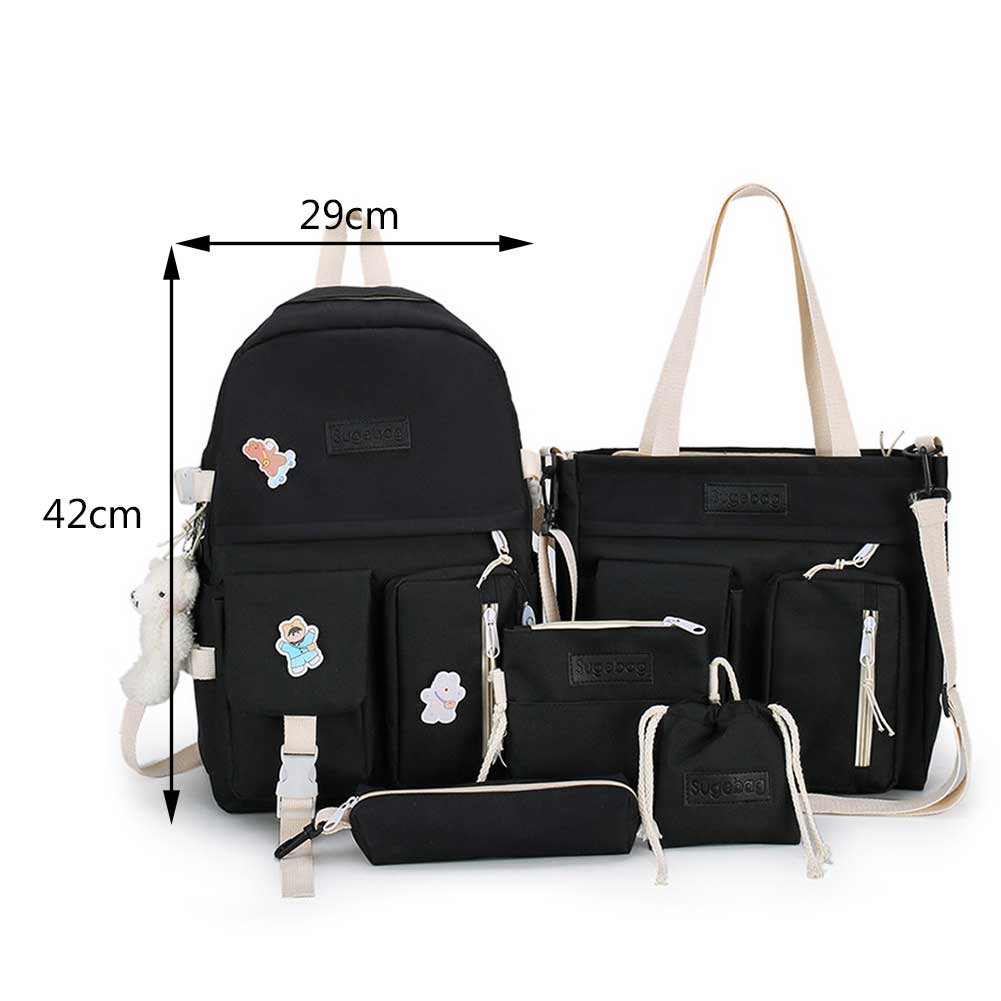 5pcs set Multiple Pockets School Backpack in pink, featuring multiple compartments and a stylish design, perfect for Japanese high school students.