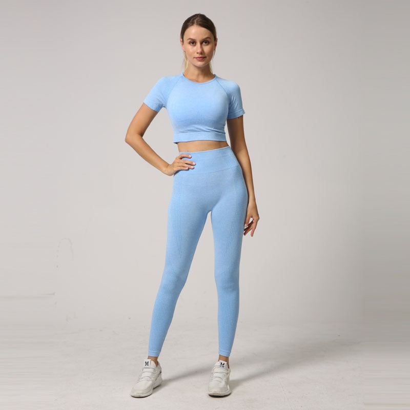 5pcs Women Workout Seamless Yoga Set featuring short sleeve tops and leggings in various colors, designed for comfort and performance.