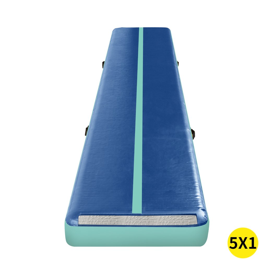 5x1M Air Track Inflatable Mat in dark blue with electric air pump and repair tool, ideal for gymnastics and cheerleading training.