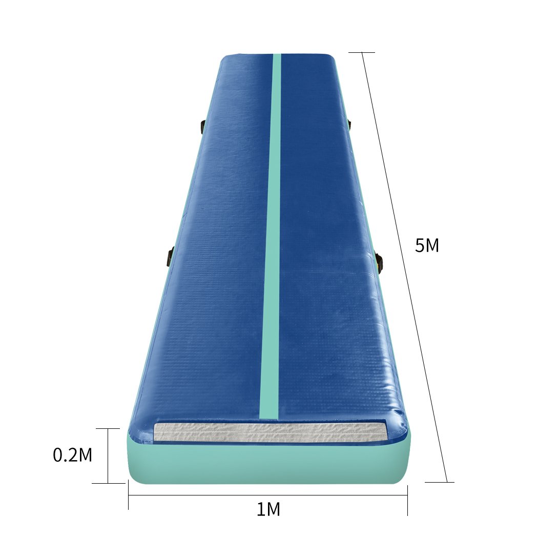 5x1M Air Track Inflatable Mat in dark blue with electric air pump and repair tool, ideal for gymnastics and cheerleading training.