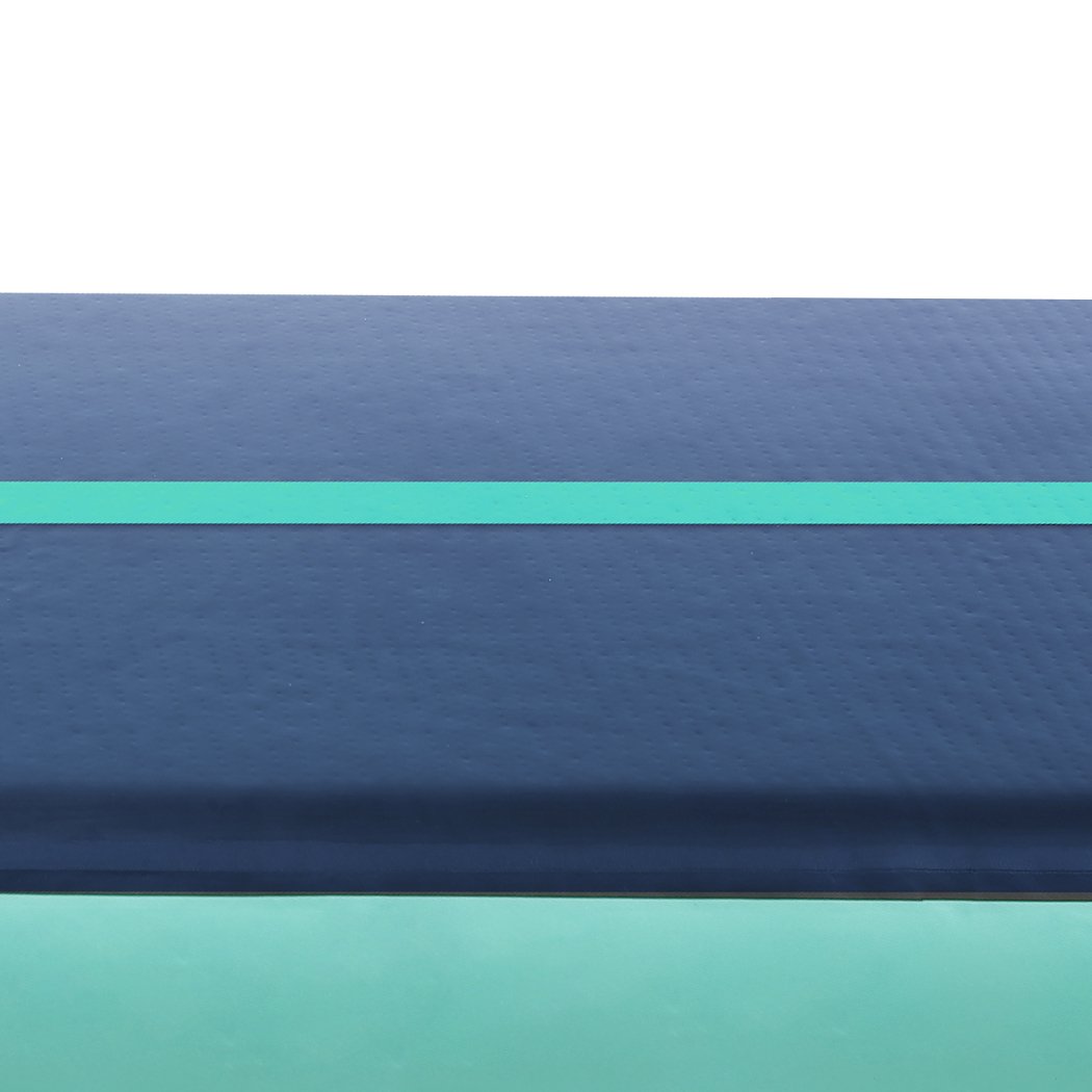 5x1M Air Track Inflatable Mat in dark blue with electric air pump and repair tool, ideal for gymnastics and cheerleading training.