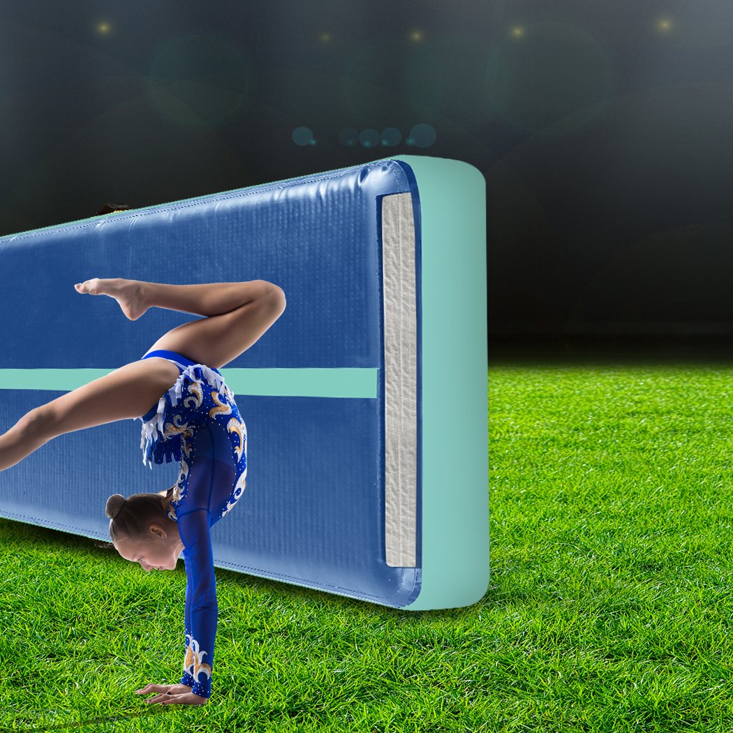 5x1M Air Track Inflatable Mat in dark blue with electric air pump and repair tool, ideal for gymnastics and cheerleading training.