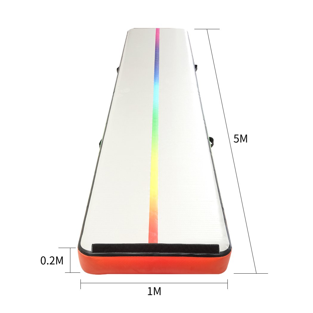 5x1M Air Track Inflatable Mat in rainbow color with electric air pump and repair tool, ideal for gymnastics and cheerleading training.