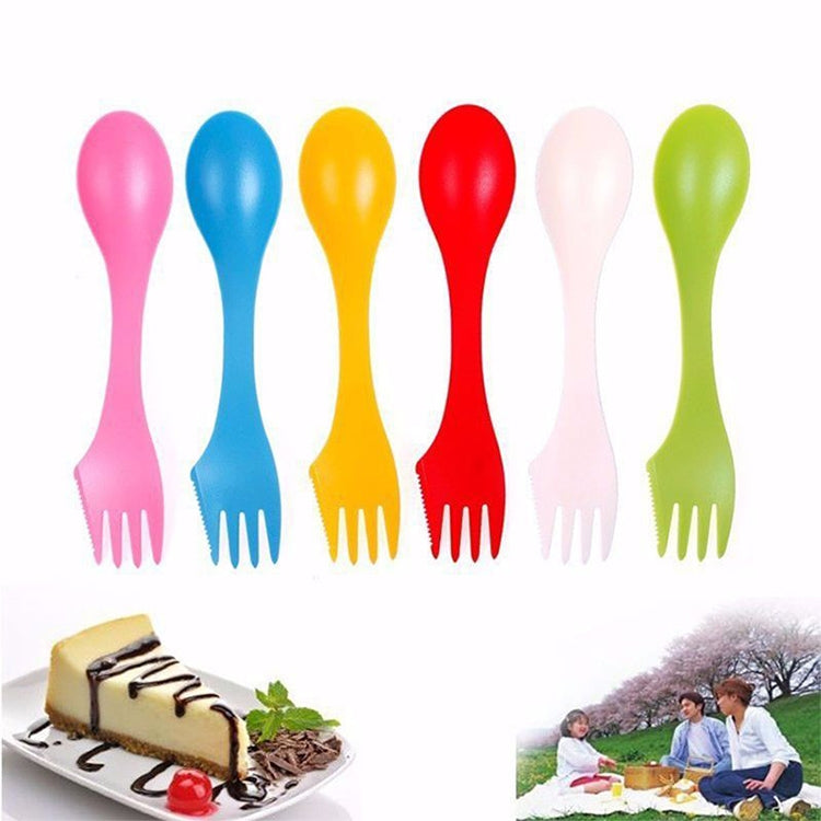 A vibrant 6 in 1 Colorful ABS Knife, Fork, and Spoon Set featuring six different colors: red, pink, green, blue, white, and yellow, ideal for daily use.