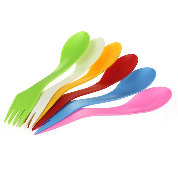 A vibrant 6 in 1 Colorful ABS Knife, Fork, and Spoon Set featuring six different colors: red, pink, green, blue, white, and yellow, ideal for daily use.