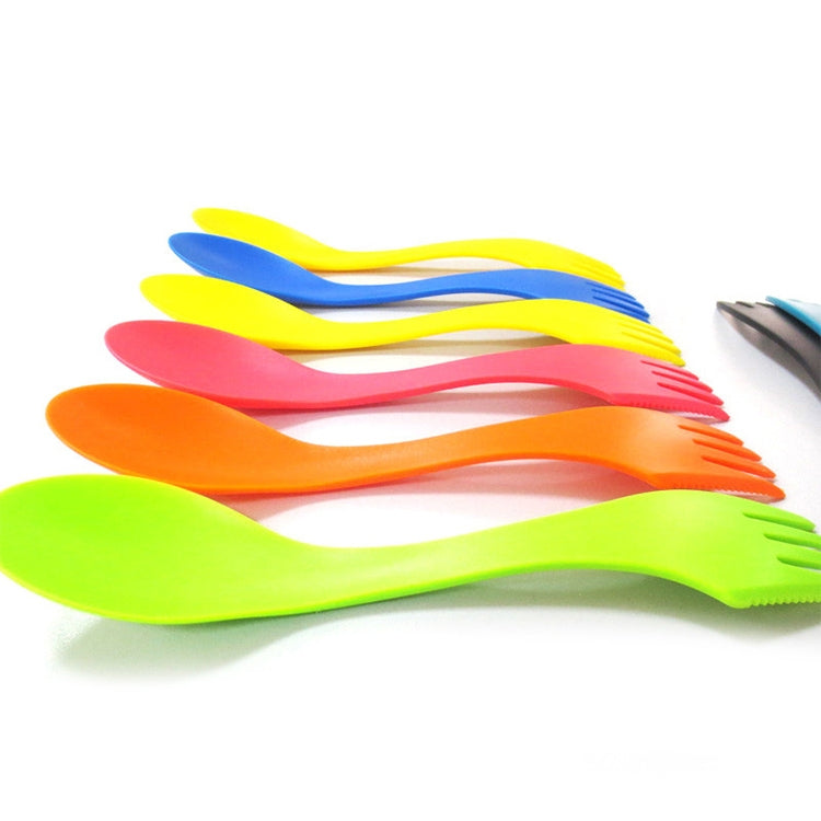 A vibrant 6 in 1 Colorful ABS Knife, Fork, and Spoon Set featuring six different colors: red, pink, green, blue, white, and yellow, ideal for daily use.