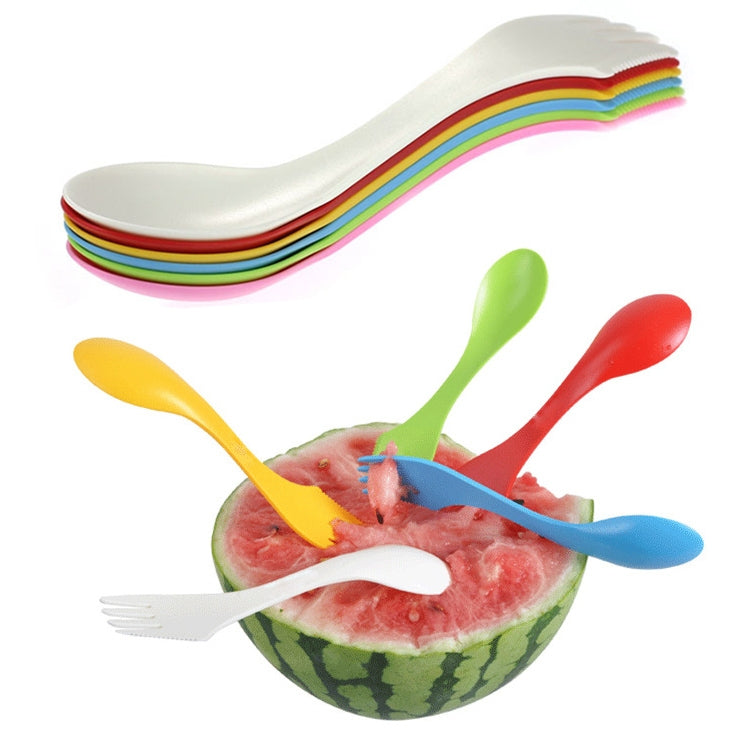 A vibrant 6 in 1 Colorful ABS Knife, Fork, and Spoon Set featuring six different colors: red, pink, green, blue, white, and yellow, ideal for daily use.