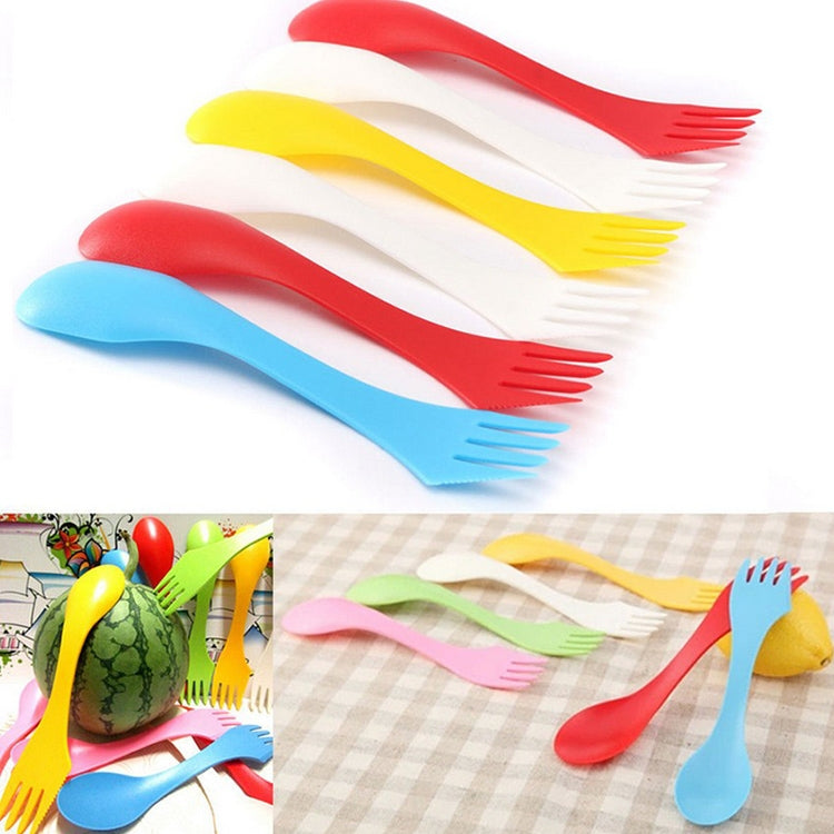 A vibrant 6 in 1 Colorful ABS Knife, Fork, and Spoon Set featuring six different colors: red, pink, green, blue, white, and yellow, ideal for daily use.