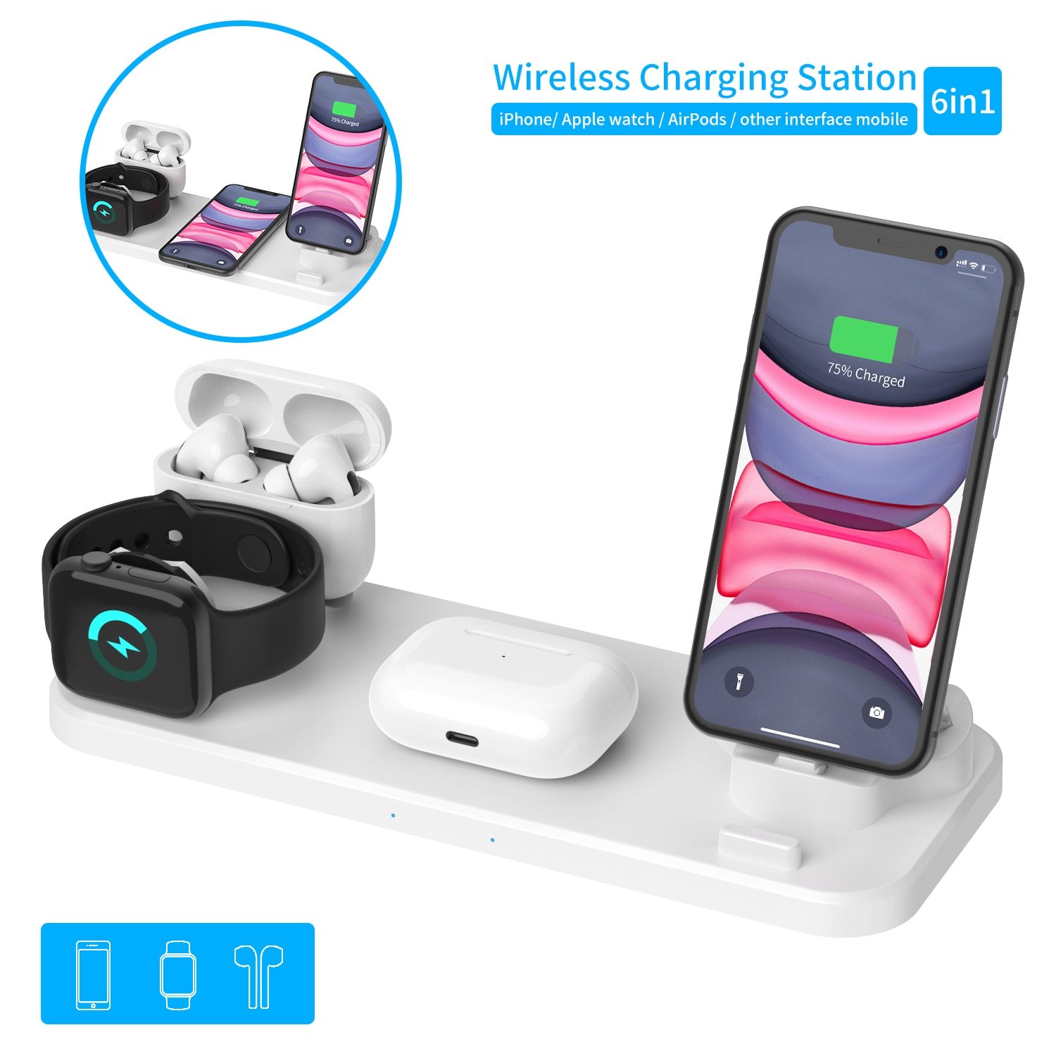 6 In 1 Wireless Charger Pad with multiple charging slots for Apple Watch, AirPods, and iPhones, featuring a sleek design.