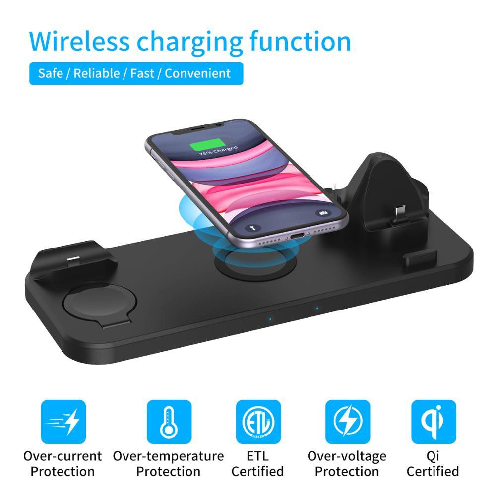 6 In 1 Wireless Charger Pad with multiple charging slots for Apple Watch, AirPods, and iPhones, featuring a sleek design.