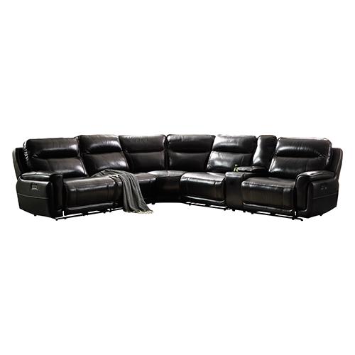 A luxurious 6 seater corner sofa in black genuine leather featuring armless recliners, showcasing plush cushions and modern design.