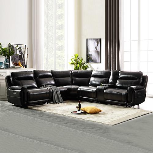 A luxurious 6 seater corner sofa in black genuine leather featuring armless recliners, showcasing plush cushions and modern design.